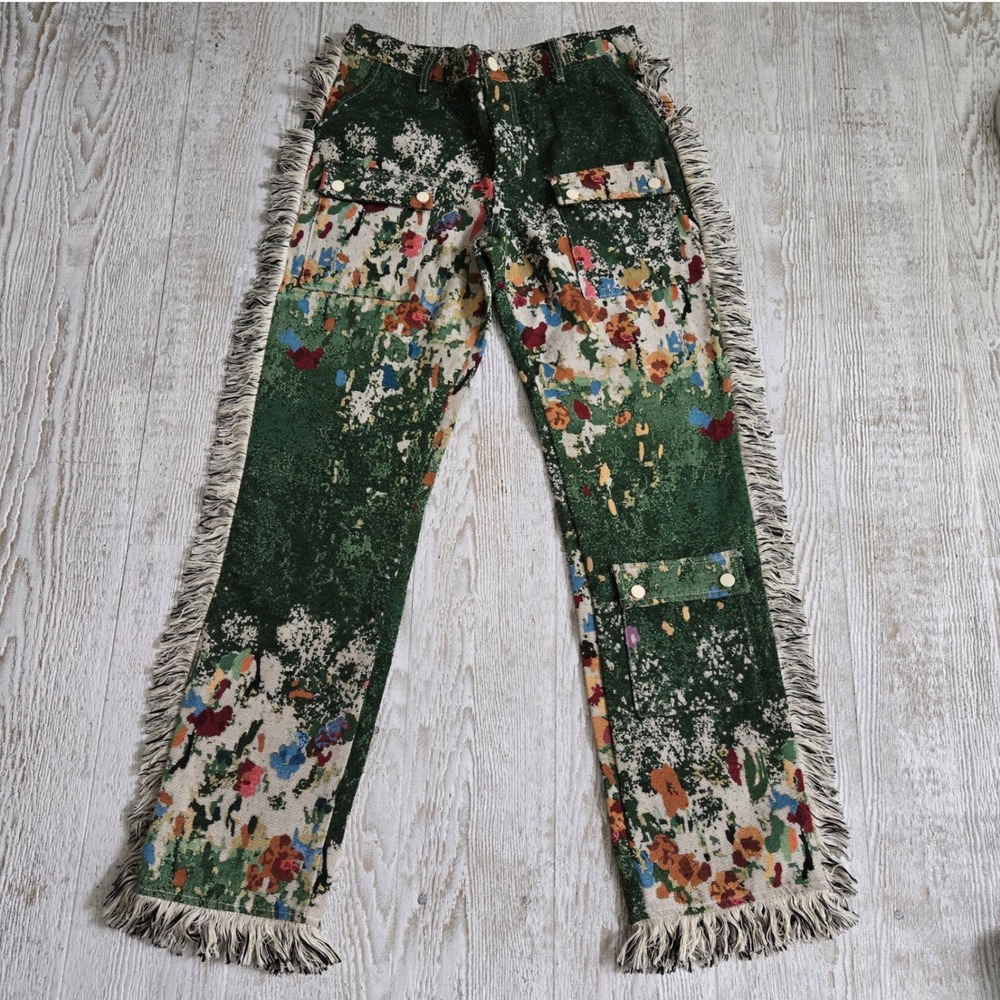 Men's Woven Tapestry Y2k Grunge Streetwear Fringe Cargo Pants Gorpcore Size 36